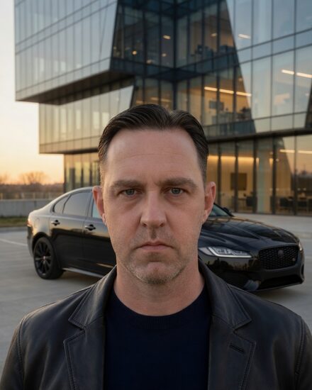 Brad Kinnard, standing in a parking lot at dusk in front of a glass office building.